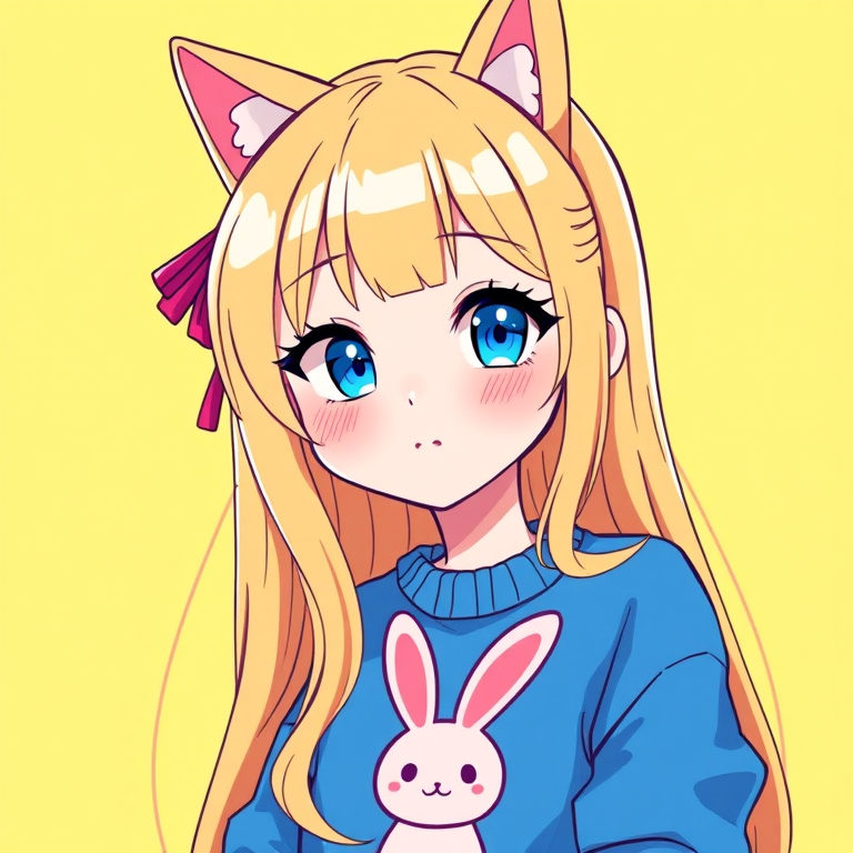 Create a vibrant, cartoon-style illustration of a girl with long blonde hair and cat ear accessories, wearing a blue sweater featuring a cute pink bunny character, shot from a slightly elevated angle with a Canon EOS R5, aperture f/2.8, ISO 100, and a focus on bright colors and clean lines.