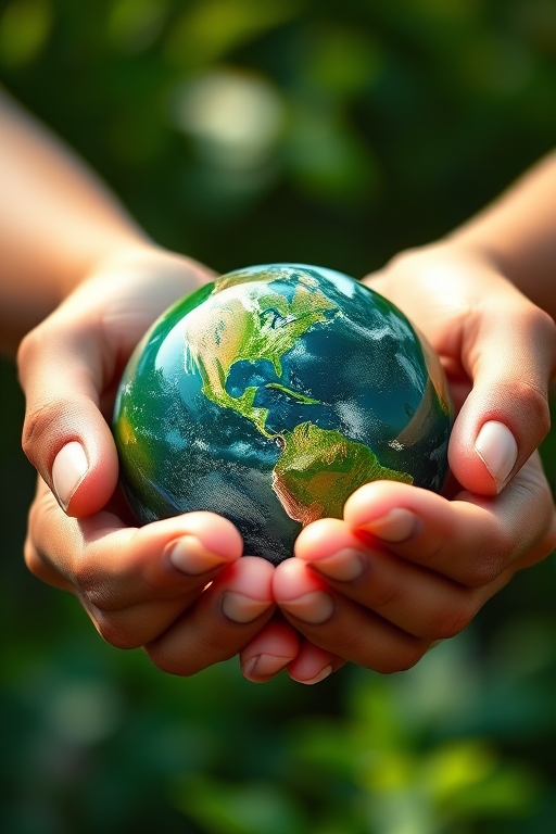 Create a high-resolution vector illustration of two hands gently holding a green earth with a focus on environmental sustainability, using a digital camera with ISO 100, f/8 aperture, 50mm lens, taken from a close-up view to enhance the details and colors.