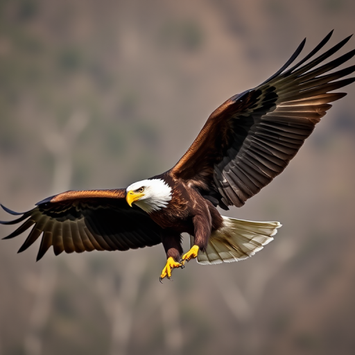 A majestic eagle in mid-flight with wings spread wide, sharp focus, soft background, 50mm lens, f/8 aperture, ISO 200, shot from a low angle to emphasize height and grandeur, natural lighting for enhanced colors.