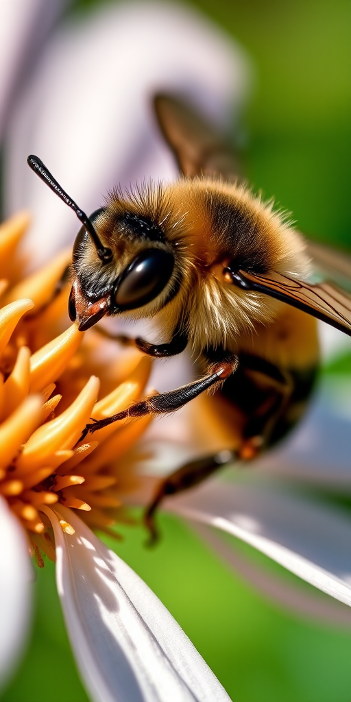 Close-up of a bee on a flower, natural lighting, macro photography, aperture f/2.8, shutter speed 1/200s, ISO 100, DSLR camera, 100mm macro lens, shallow depth of field, vivid colors.
