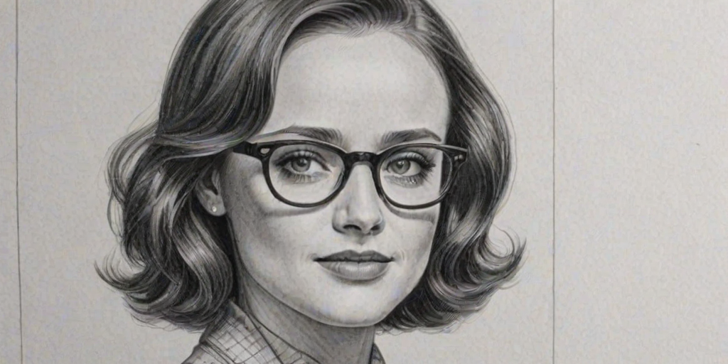 Radiant Alexis Bledel, pencil sketch, portrait of Resplendent woman 1930s in glasses, hair style beatnik, outline, clear lines, fine lines, 8k