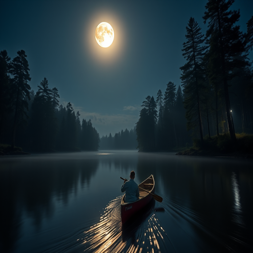 Create a serene night scene featuring a person in a canoe on a calm river illuminated by a large full moon, surrounded by towering pine trees and soft glowing reflections on the water, use a Canon EOS R5 with a 24-70mm lens, aperture f/2.8, ISO 800, and a long exposure of 10 seconds for smooth water texture.