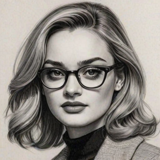 Superb Hunter King, pencil sketch, portrait of Magnificent woman 1964s in glasses, hair style beatnik, outline, clear lines, fine lines, 8k