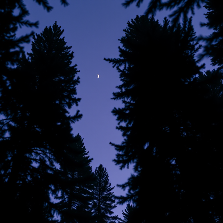capture a low-angle view of a crescent moon framed by dark, towering pine trees at twilight, use a Canon EOS R5, aperture f/1.8, shutter speed 1/30 sec, ISO 1600, focus on the moon with a shallow depth of field for a dreamy effect