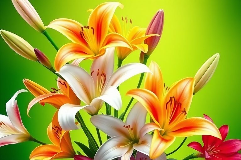 Create a vibrant digital illustration of a bouquet of lilies in various colors, featuring white, yellow, orange, pink, purple, and red flowers arranged artistically against a gradient green background, using high-resolution settings on a digital camera with a 50mm lens at f/1.8 for shallow depth of field, ISO 100, and soft lighting to enhance color vibrancy and detail.