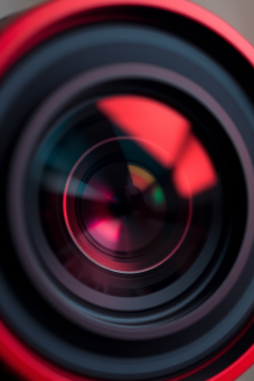 Create a high-resolution image of a red circular lens with a glossy finish, captured with a DSLR camera at ISO 100, f/2.8 aperture, 50mm lens, in a close-up view with a soft focus background to enhance the lens's details and reflections.