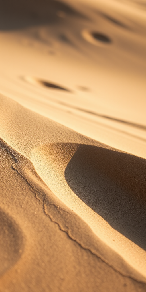 capture a close-up of textured sand dunes with soft shadows and highlights, using a Canon EOS R5 with a 50mm lens at f/2.8, ISO 100, and a shutter speed of 1/200, in natural light for enhanced detail and depth.