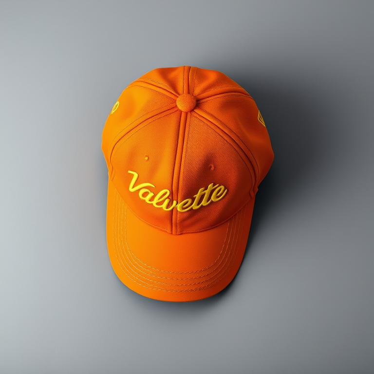 a high-quality image of an orange baseball cap with the word "Valvette" embroidered in yellow, shot with a Canon EOS R5 camera, 50mm lens, f/1.8 aperture, ISO 100, natural light, top-down view to emphasize the hat's details and texture, with a soft gray background for contrast