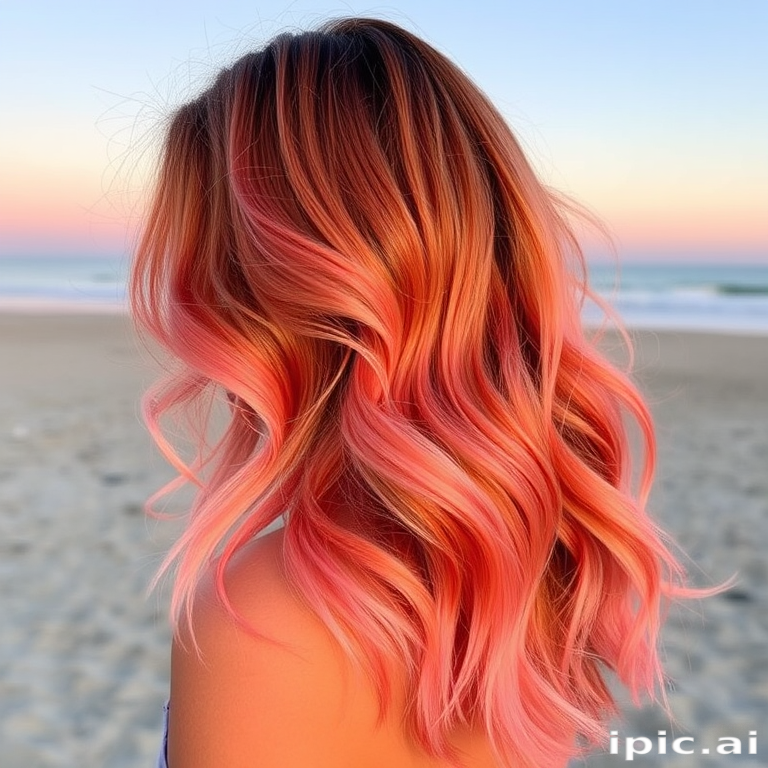 Sunset ombre melts from warm oranges to soft pinks, styled in beachy waves with sun-kissed highlights, capturing the essence of a perfect summer evening