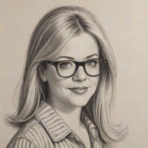 Lovely Melissa Joan Hart, pencil sketch, portrait of Fetching woman 1970s in glasses, hair style beatnik, outline, clear lines, fine lines, 8k