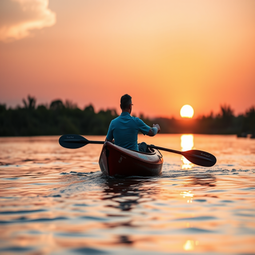Create a serene landscape image of a man kayaking on a tranquil river at sunset, with golden light reflecting on the water, using a DSLR camera, 50mm lens, f/2.8 aperture, ISO 100, and a shallow depth of field to emphasize the subject against the vibrant background.
