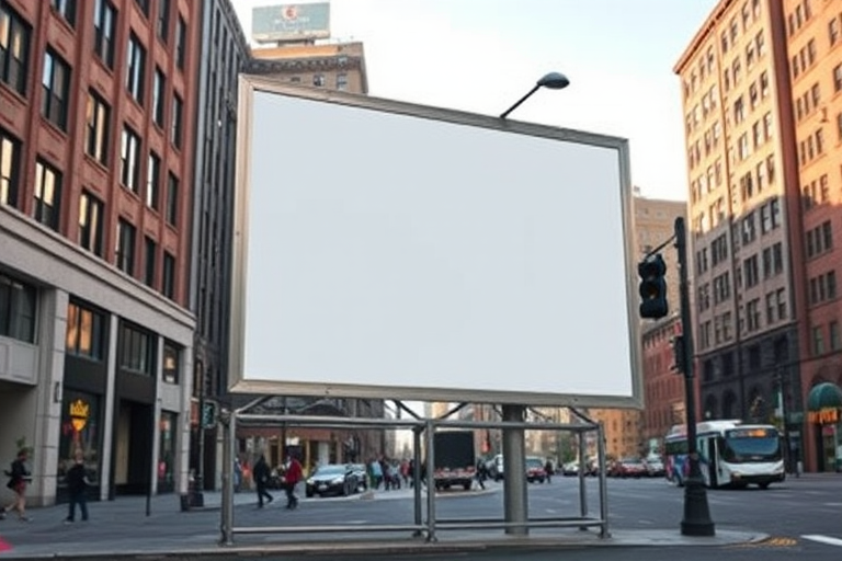 Create a detailed image of a blank billboard on a sturdy metal frame in a city setting, captured with a 50mm lens, aperture f/8, ISO 100, and natural lighting, with a wide-angle view to show surrounding urban elements, using a DSLR camera for high-quality clarity.