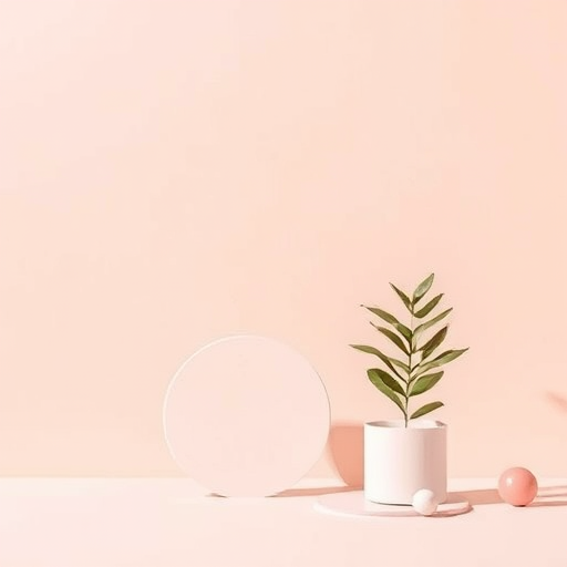 generate a minimalistic abstract composition featuring geometric shapes and a plant, using a soft pastel background, with a Canon EOS R5, 50mm lens, f/1.8 aperture, ISO 100, shot in natural light, emphasizing vibrant colors and smooth textures