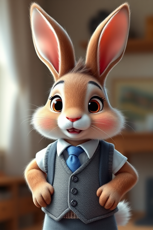 create a highly detailed, cartoon-style image of a cute rabbit character wearing a vest and tie, soft lighting, vibrant colors, focus on texture and fur detail, 50mm lens, f/1.8 aperture, ISO 100, studio lighting setup, high resolution