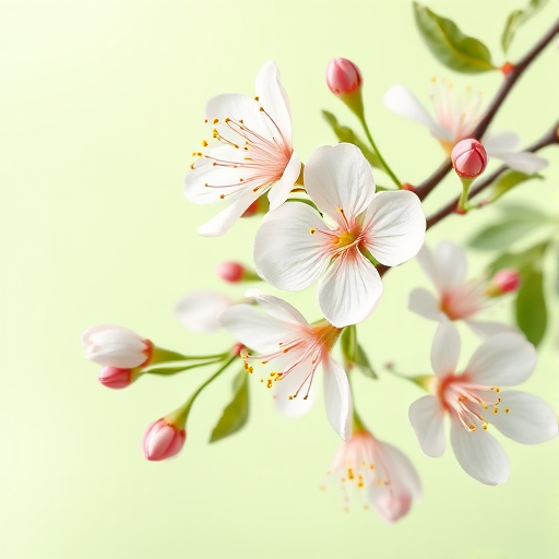 Create a high-resolution digital illustration of blossoming flowers with a pastel green background, focus on the intricate details of petals and leaves, using a Canon EOS R5 with a 50mm lens, aperture f/2.8, ISO 100, and a soft, diffused lighting setup.