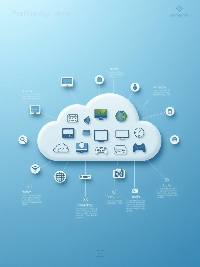 Create a high-resolution infographic depicting a cloud with interconnected icons representing various technology themes such as home, gaming, tools, and connectivity, using a Canon EOS R5, 50mm lens, aperture f/2.8, ISO 100, natural lighting, overhead view, crisp vector style.