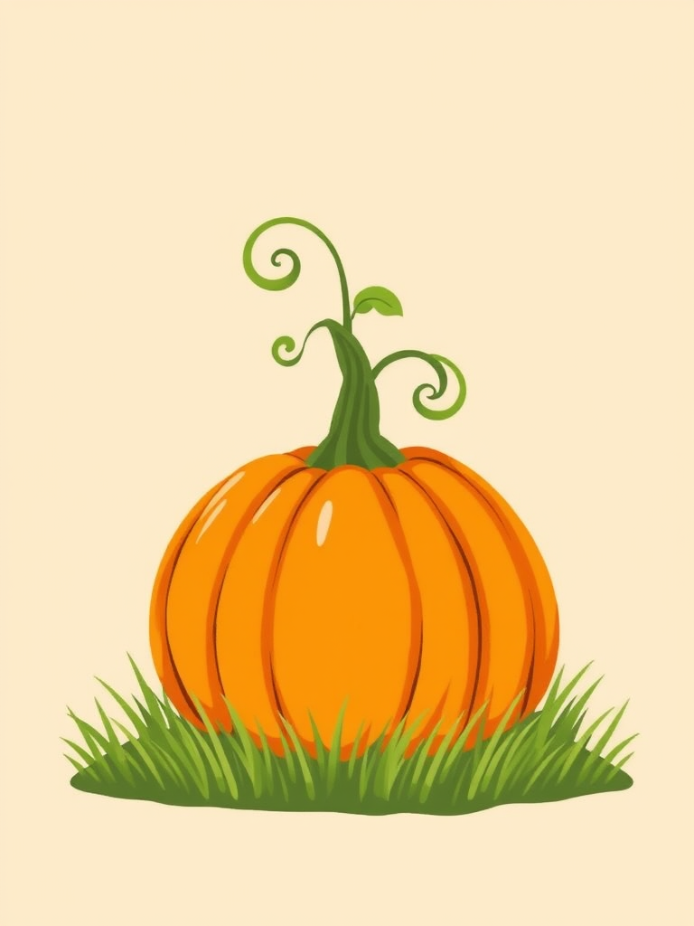 Create an illustration of a large vibrant orange pumpkin with a curly green stem and green leaves on top sitting on a patch of grass against a soft beige background.