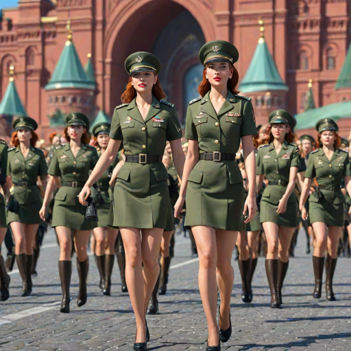 Cartoon 3D Military parade in Red Square in Moscow with military women wearing short skirts.