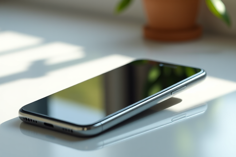 Create a high-resolution 3D render of a sleek smartphone lying at a slight angle, using a Canon EOS R5 with a 50mm f/1.2 lens, aperture set to f/4, ISO 100, shutter speed 1/125s, soft natural lighting from the left, and a shallow depth of field to create a blurred background effect.