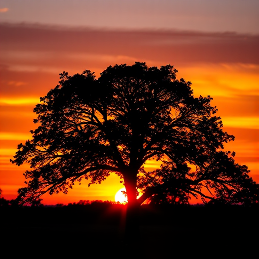 Generate a high-quality image of a silhouette of a tree against a sunset background with vivid colors, using a DSLR camera, 50mm lens, aperture f/2.8, ISO 100, and a composition focused on the tree's details, taken from a low angle.