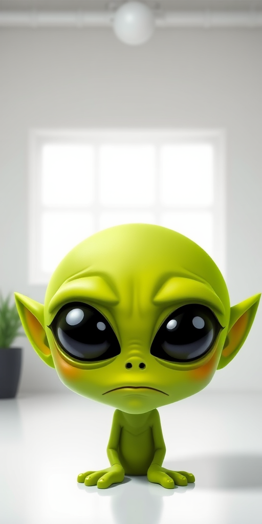 Create a cartoonish green alien face with big black eyes and a sad expression, using a 50mm lens, f/2.8 aperture, 1/200 shutter speed, in a bright studio setting with soft lighting, high resolution, digital illustration style.