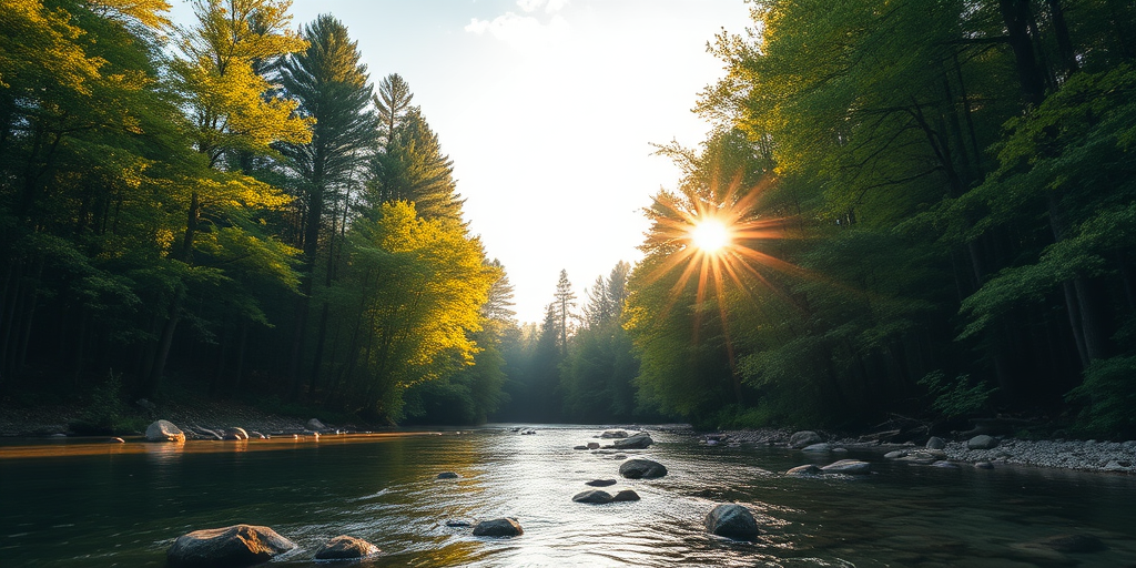 Create an image of a serene, sunlit forest scene with a clear, gently flowing river. Tall trees with lush green foliage line both sides of the river, their leaves bathed in the warm golden light of the setting or rising sun. The sunlight filters through the trees, casting soft, dappled light on the river, which flows over smooth rocks and pebbles, creating a peaceful, natural atmosphere. The sky is bright with a few scattered clouds, and the overall mood is tranquil, evoking a deep sense of connection with nature. The image captures the beauty of a calm, pristine forest landscape at either dawn or dusk.