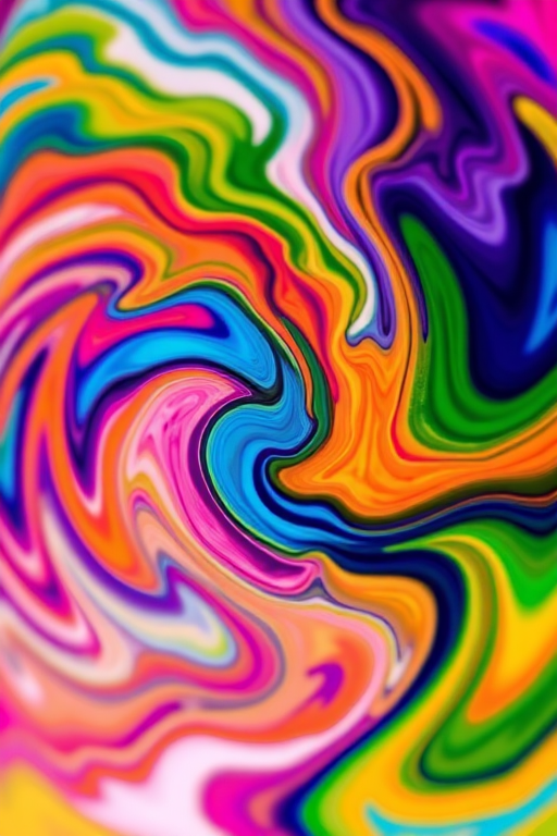 Create a vibrant abstract design featuring swirling colors in a fluid pattern, shot using a Canon EOS R5, aperture f/2.8, shutter speed 1/60s, ISO 100, with a close-up view and a soft focus background to enhance the colors.