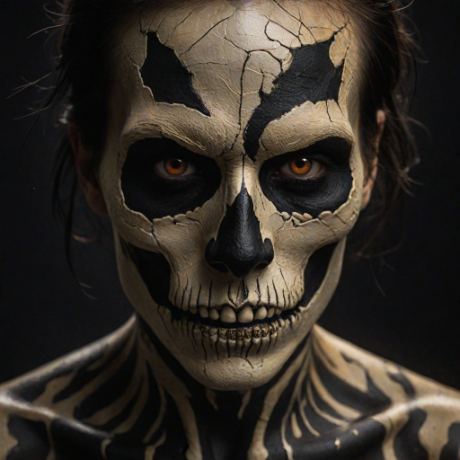 Create image featuring a close-up of a face painted like a skull. The skin is predominantly white with textured, cracked paint. The eye sockets are painted black, blending into the natural shadows of the eyes, creating a deep, hollow look. Bright, intense golden-yellow lights radiate from the eyes, casting a warm glow that contrasts with the cold, esoteric background. The nose is painted black in the shape of a spade. The mouth area features black lines extending from the corners, resembling a stitched effect. The face has sporadic black hair strands that frame it dramatically, adding to the eerie yet captivating feel. The background is blurred and dark, enhancing the focus on the face. Small, glowing orange embers are scattered sporadically across the image, contributing to the mysterious and magical atmosphere. The overall style is hyper-realistic with an emphasis on the contrast between light and dark elements, giving it an almost supernatural