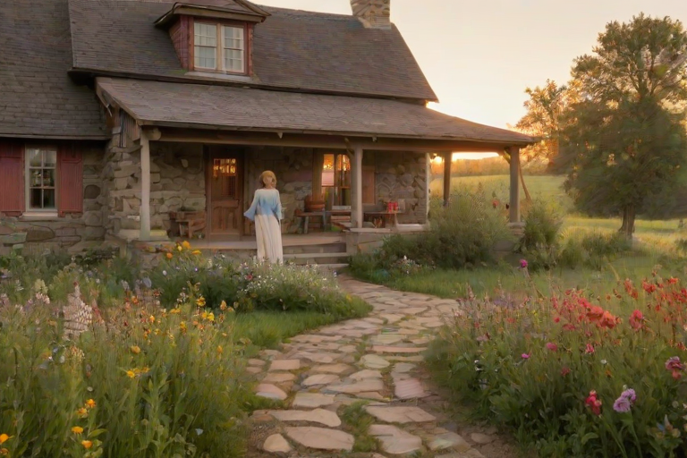 Charming rural farmhouse, with a stone path leading up to the door, a woman stands on the porch, watching the sun set behind a field of wildflowers.