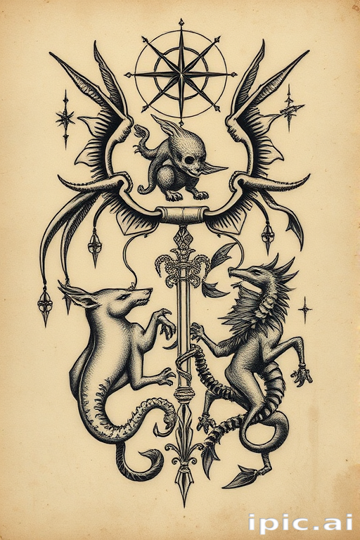 Vintage etching-inspired tattoo named "Timeworn Tales" with intricate linework and stippling to recreate the look of an antique illustration depicting mythological creatures and symbols