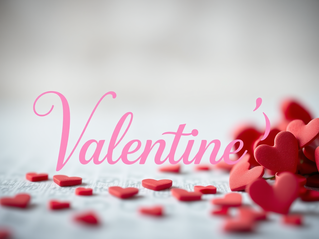 Create a romantic design featuring the text "Valentine's" in elegant, cursive pink font, surrounded by small red hearts, shot with a DSLR camera at f/2.8, 50mm lens, natural light, shallow depth of field for a soft background.
