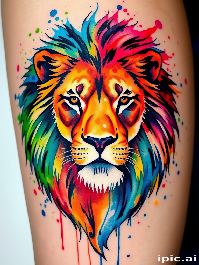 Watercolor splash tattoo creating an abstract representation of a majestic lion, vibrant primary colors bleeding into each other, energetic brushstrokes and ink splatters, fluid and dynamic