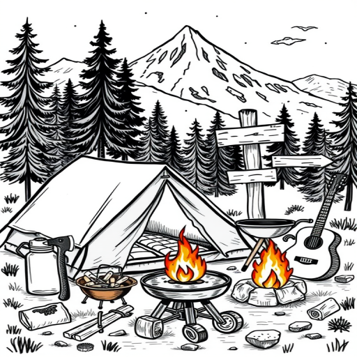 Create a hand-drawn camping-themed illustration featuring a tent, axe, flashlight, signpost, guitar, water bottle, barbecue grill, campfire, mountains, and pine trees in a sketch style with high-resolution detailing, captured with a Canon EOS R5, 50mm lens, f/1.8 aperture, ISO 100, and a natural daylight setting.
