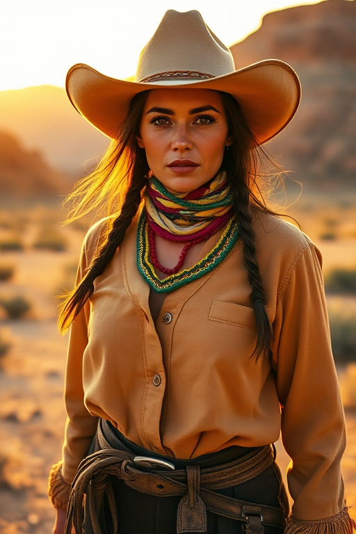 Dramatic photo of a beautiful Quechua woman, classic cowboy attire, confident and free spirit expression, half-length portrait, centered, golden hour desert landscape, warm, diffused light, low angle, medium format film camera, in style of Annie Leibovitz.