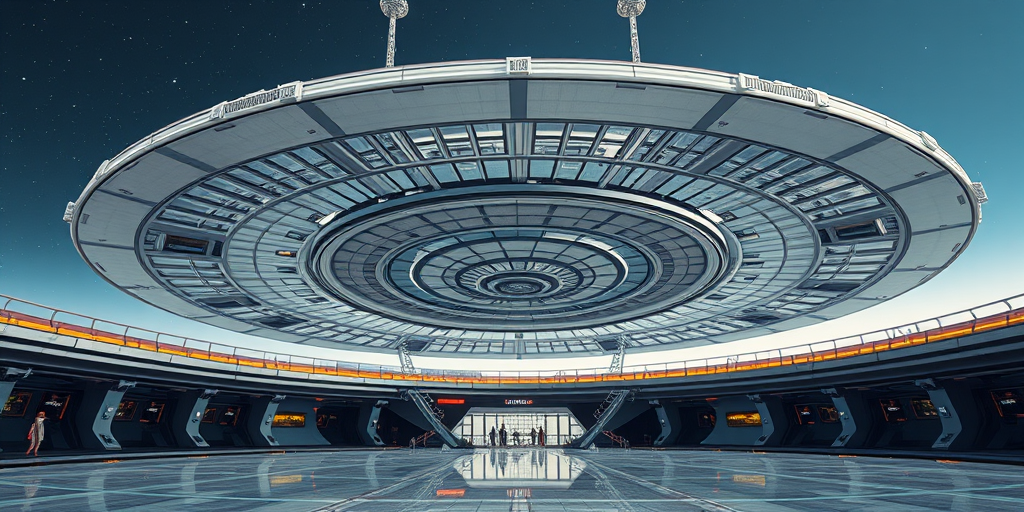 Create a highly detailed 3D rendering of a futuristic space station structure resembling a large disc, captured from a low angle with a wide-angle lens, f-stop set to 8 for depth of field, ISO 100 for clarity, using a digital camera with a resolution of at least 24 megapixels to enhance image quality.