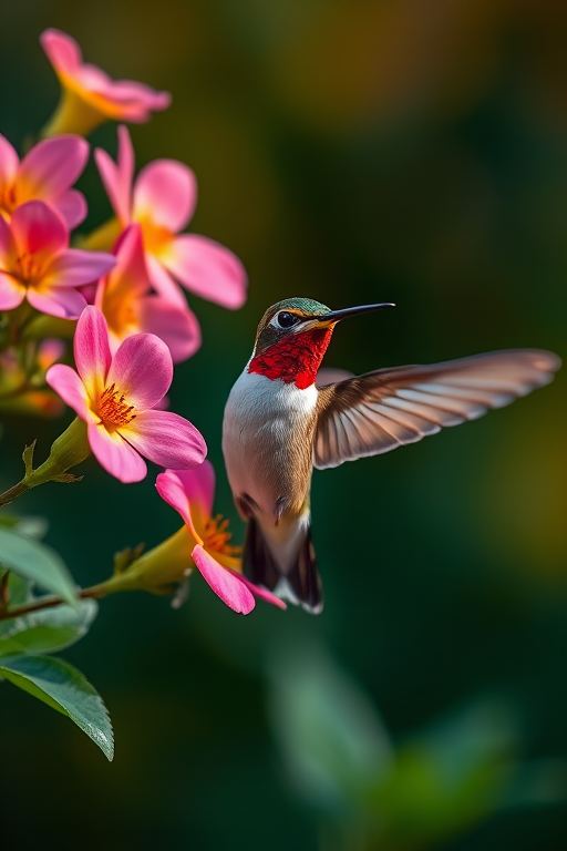 Regenerate a vibrant image of a hummingbird hovering near blooming flowers, captured with a Canon EOS R5, 85mm lens, f/1.8 aperture, ISO 100, at 1/2000 sec, using a shallow depth of field for a soft background blur and high dynamic range for vivid colors.