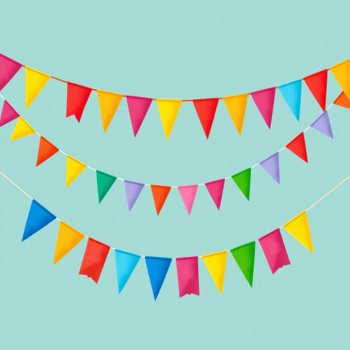 Create a colorful illustration of two strands of festive bunting flags, with red, yellow, blue, green, pink, and purple flags, shot with a Canon EOS R5, 50mm lens, f/2.8 aperture, ISO 100, in natural light for enhanced vibrancy and clarity.