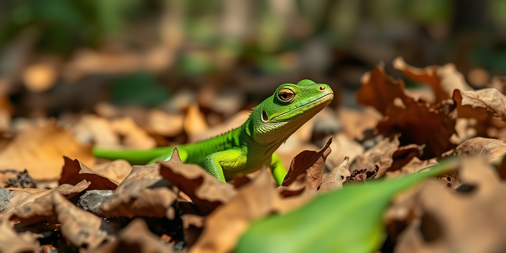 Capture a close-up of a green lizard resting among dried leaves in a forest setting, using a DSLR camera with a 50mm lens, aperture set to f/2.8 for a shallow depth of field, ISO 200 for clarity, and natural lighting to enhance the vivid colors.