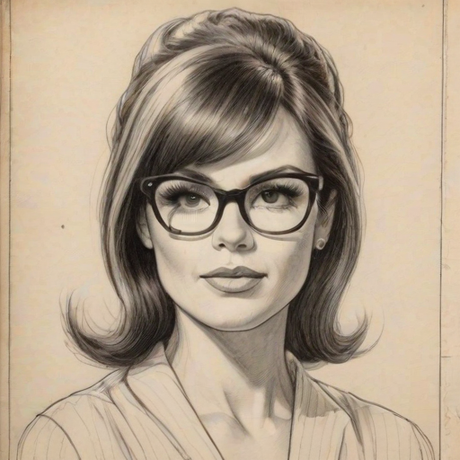 Comely Brooke Adams, pencil sketch, portrait of Splendid woman 1965s in glasses, hair style beatnik, outline, clear lines, fine lines, 8k