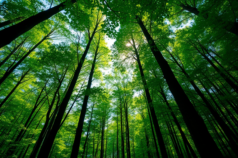 Create a high-resolution image of a lush forest with sunlight filtering through the trees, capturing the vibrant greens and textures of leaves, using a DSLR camera with a 24mm lens at f/8, ISO 200, and a shutter speed of 1/250 sec, shot from a low angle to emphasize the towering trees.