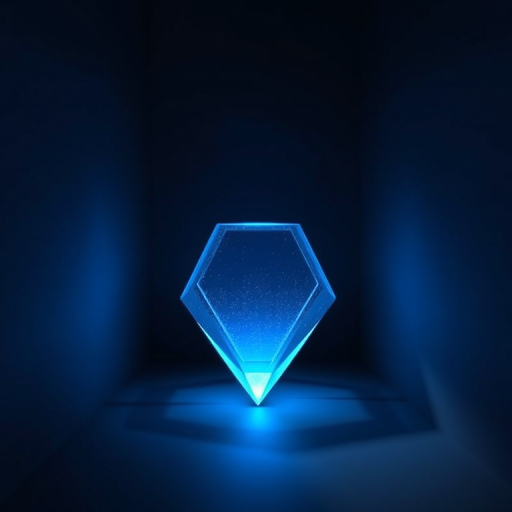 Create a 3D render of a glowing blue hexagonal prism in a dark corner with soft shadows, using a DSLR camera with a 50mm lens at f/1.8, ISO 100, and a shutter speed of 1/60s, in a low-angle view to emphasize depth and lighting.