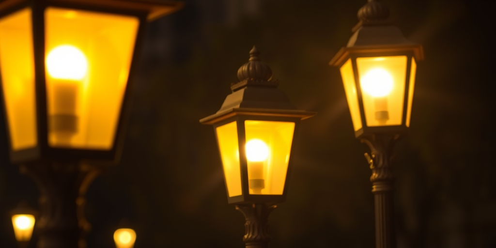 Regenerate the image of three vintage street lamps glowing at night with a shallow depth of field, using a Canon EOS R5, 50mm lens, f/1.8 aperture, ISO 100, 1/60s shutter speed, in a low-light style to enhance clarity and contrast.