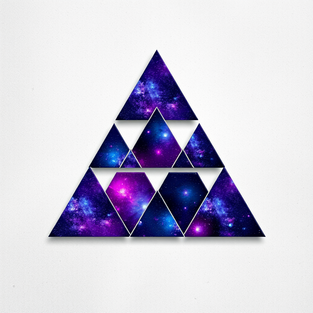 Create an abstract design of a large triangle composed of smaller triangles, each filled with a cosmic galaxy texture in shades of purple and blue, set against a textured light gray background, captured with a DSLR camera at f/8, ISO 100, with a macro lens for detail.