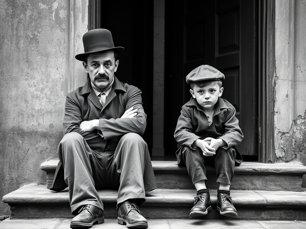A black-and-white photograph of a man and a child sitting on steps in front of a doorway. The man is dressed as a tramp with a bowler hat, mustache, and ragged clothes, reminiscent of Charlie Chaplin's iconic look. He is sitting with his arms crossed and an expression of slight sadness or frustration. Next to him is a young boy, also in worn clothes and a cap, sitting with his hands clasped, looking thoughtful. The background is an old, textured wall and a partially open door, creating a vintage, early 20th-century atmosphere.