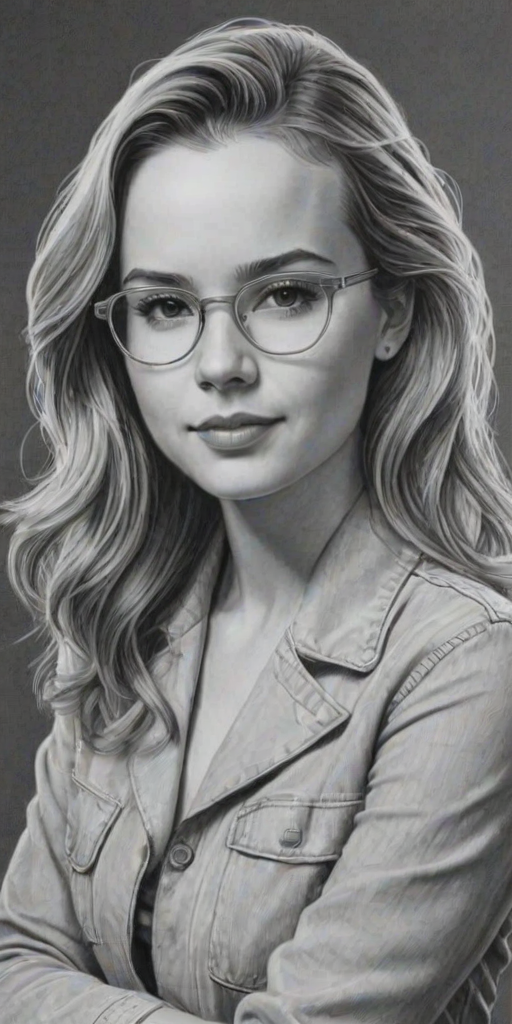 Delightful Bridgit Mendler, pencil sketch, portrait of Dazzling woman 1942s in glasses, hair style beatnik, outline, clear lines, fine lines, 8k