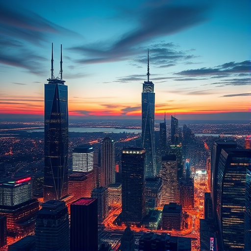 Create a high-resolution image of a futuristic city skyline at dusk, utilizing a DSLR camera with a 50mm lens, aperture set to f/1.8, ISO 400, long exposure of 4 seconds, captured from a high vantage point to enhance the vibrancy of the city lights and sky.