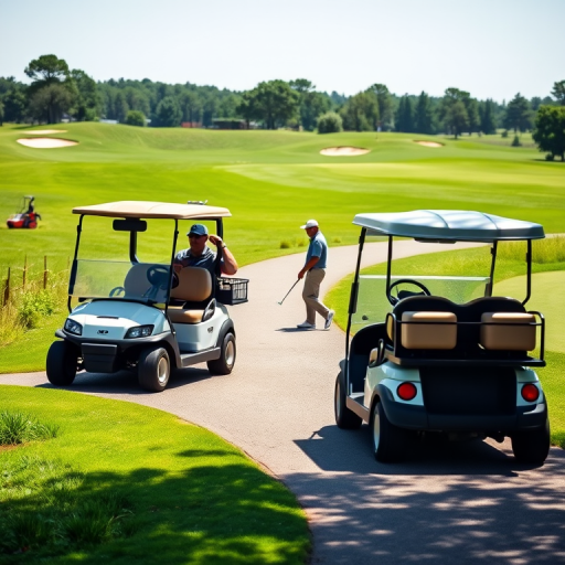 Create an image of two golf carts on a path in a golf course setting, with a golfer standing nearby, capturing the scene in natural lighting, using a DSLR camera with a 50mm lens, f/2.8 aperture, ISO 100, and a shallow depth of field to enhance details in the foreground and background.