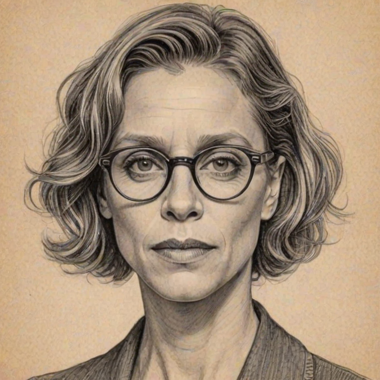 Graceful Frances McDormand, pencil sketch, portrait of Gorgeous woman 1929s in glasses, hair style beatnik, outline, clear lines, fine lines, 8k