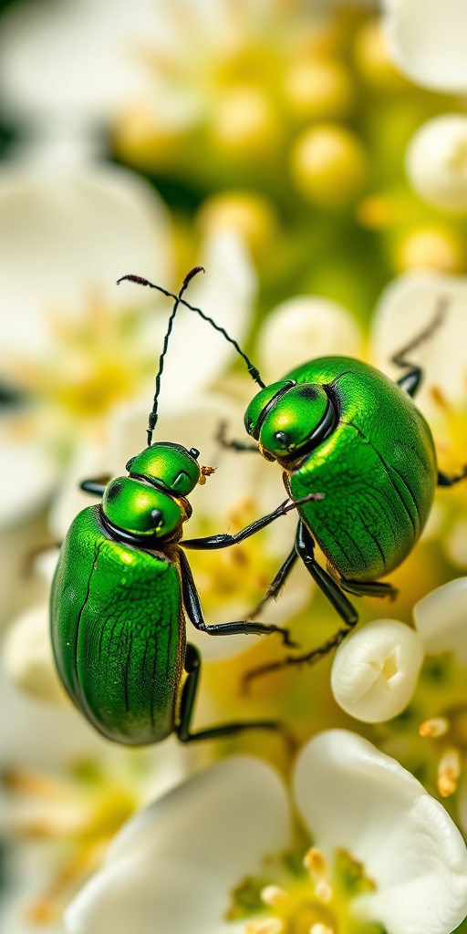 close-up shot of two green beetles mating on white flowers, natural light, f/4 aperture, ISO 100, 1/200 sec shutter speed, macro lens, Canon DSLR, vivid colors, high detail