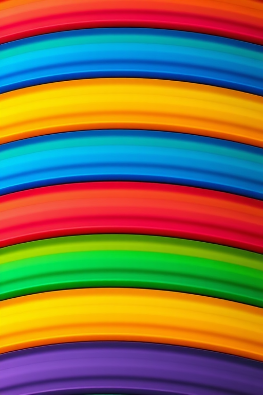 Generate a vibrant, abstract image featuring seven smooth, curved stripes in the colors of the rainbow from top to bottom, using a Canon EOS R6 camera, aperture f/8, ISO 100, 35mm focal length, and a landscape orientation for enhanced clarity and depth.